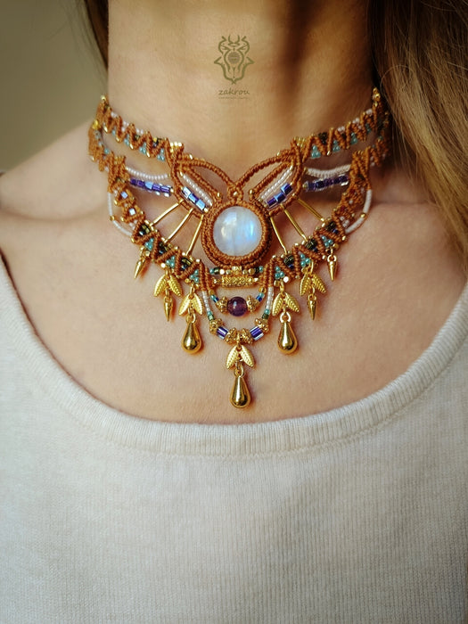 Macrame tribal necklace with Moonstone, Elegant party necklace native style