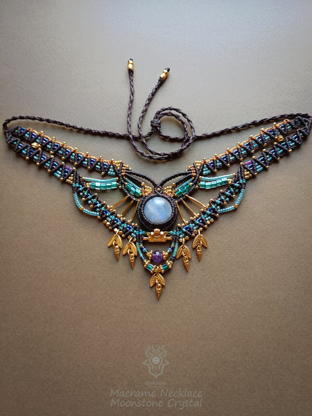 Moonstone macrame necklace with gold dornments, Festival choker