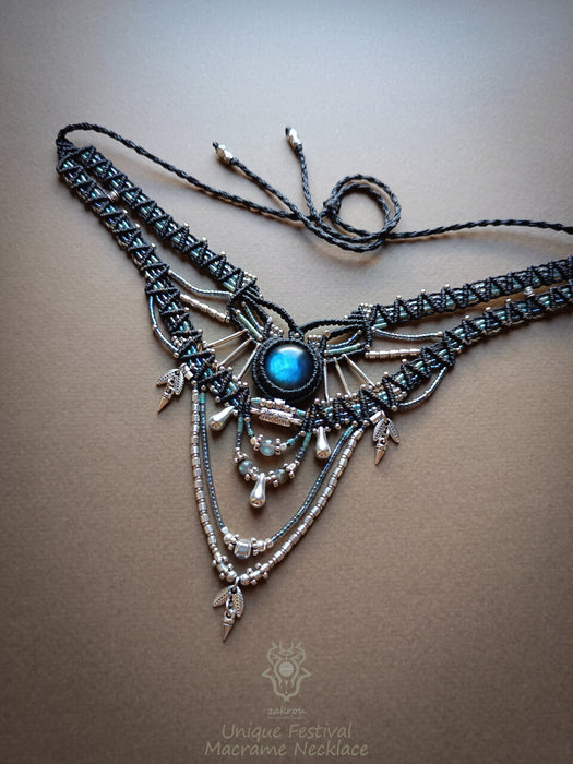 Labradorite multi-layered macrame necklace, Macrame choker tribal chic style
