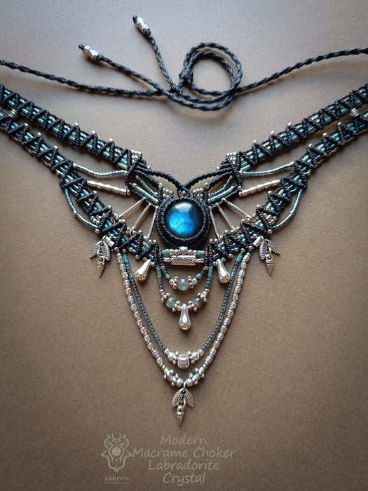 Labradorite multi-layered macrame necklace, Macrame choker tribal chic style