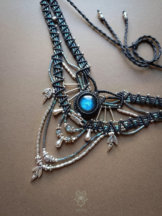 Labradorite multi-layered macrame necklace, Macrame choker tribal chic style