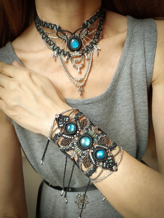 Labradorite multi-layered macrame necklace, Macrame choker tribal chic style