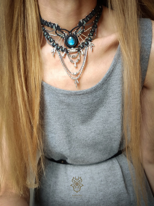 Labradorite multi-layered macrame necklace, Macrame choker tribal chic style