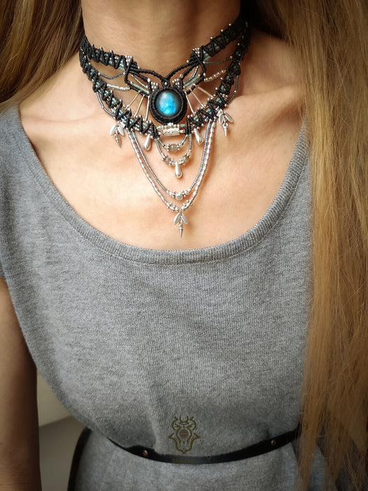 Labradorite multi-layered macrame necklace, Macrame choker tribal chic style