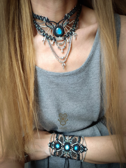 Labradorite multi-layered macrame necklace, Macrame choker tribal chic style
