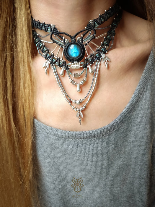 Labradorite multi-layered macrame necklace, Macrame choker tribal chic style