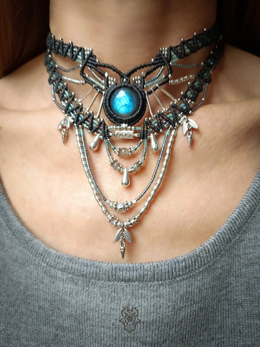 Labradorite multi-layered macrame necklace, Macrame choker tribal chic style