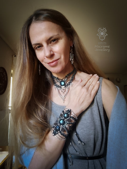Labradorite multi-layered macrame necklace, Macrame choker tribal chic style