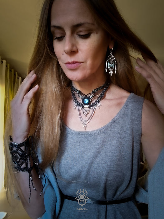 Labradorite multi-layered macrame necklace, Macrame choker tribal chic style