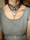 Labradorite choker macrame necklace with silver adornments, Gypsy jewelry