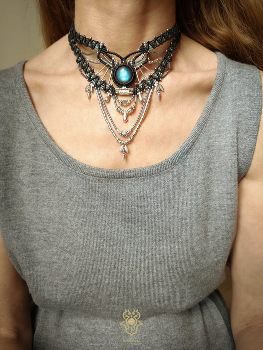 Labradorite choker macrame necklace with silver adornments, Gypsy jewelry