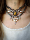 Tiger's eye macrame necklace with cultured pearls, Bohemian choker