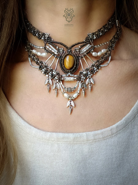 Tiger's eye macrame necklace with cultured pearls, Bohemian choker