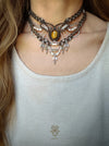 Tiger's eye macrame tribal necklace, Festival choker with pearls