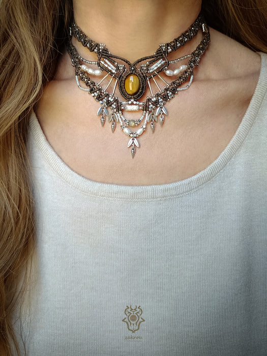 Tiger's eye macrame tribal necklace, Festival choker with pearls