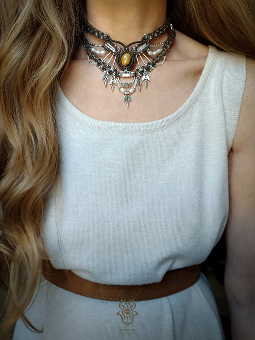 New Tiger's eye macrame tribal necklace, Festival choker with pearls
