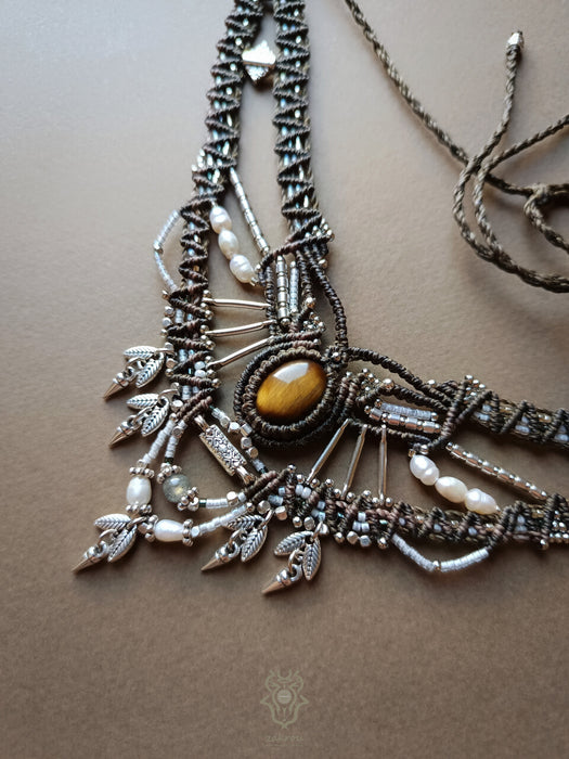 Tiger's eye macrame necklace with cultured pearls, Bohemian choker