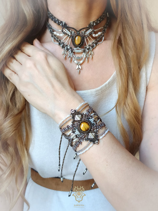New macrame bracelet with Tiger's eye & cultured pearls, Elegant party-cuff