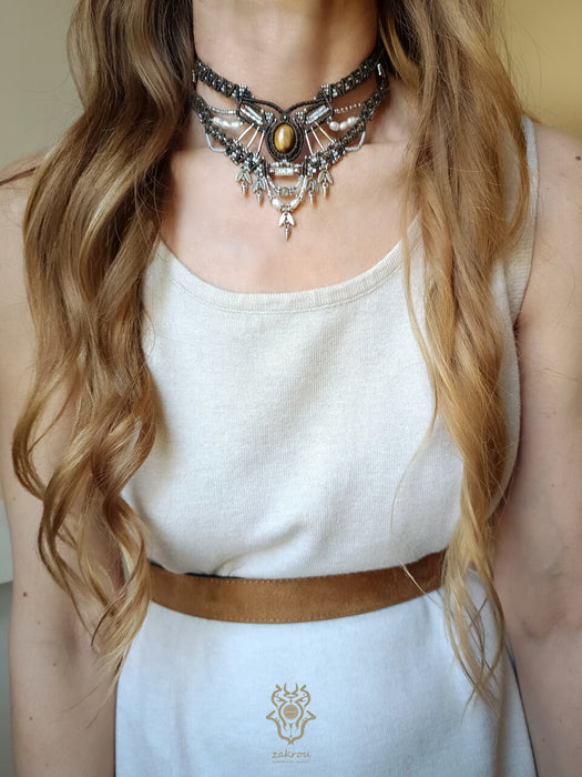 New Tiger's eye macrame tribal necklace, Festival choker with pearls