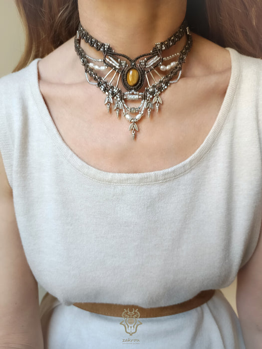 New Tiger's eye macrame tribal necklace, Festival choker with pearls