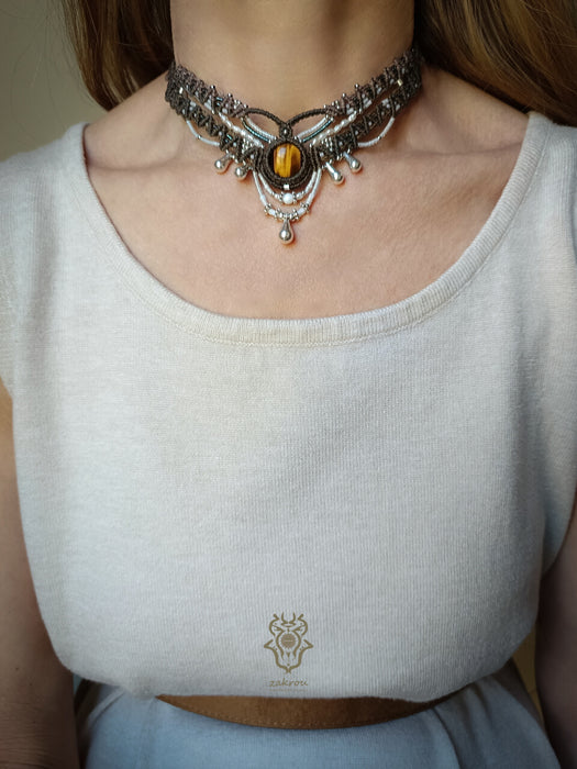 New macrame bohemian chic necklace with Tiger's eye & pearls, Elegant party choker