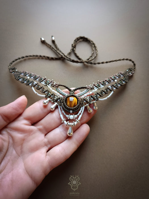 New macrame bohemian chic necklace with Tiger's eye & pearls, Elegant party choker