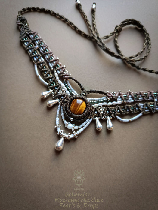 New macrame bohemian chic necklace with Tiger's eye & pearls, Elegant party choker