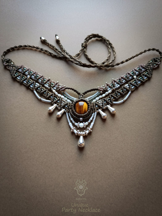 Macrame bohemian chic necklace with Tiger's eye & pearls, Elegant party choker