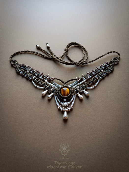 New macrame bohemian chic necklace with Tiger's eye & pearls, Elegant party choker