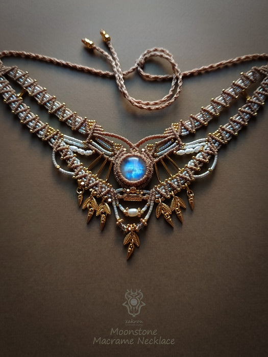 Bohemian chic macrame necklace, Moonstone party-choker necklace