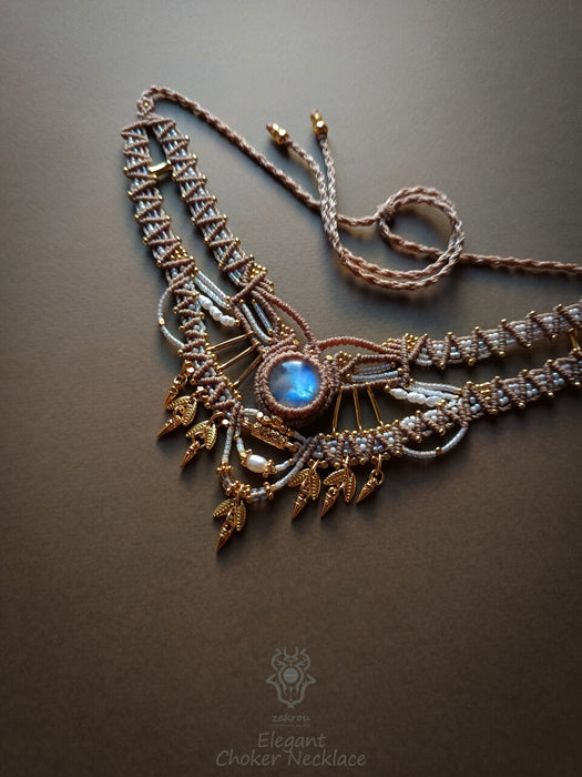 Bohemian chic macrame necklace, Moonstone party-choker necklace