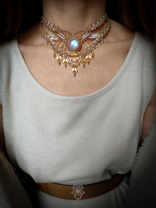 Bohemian chic macrame necklace, Moonstone party-choker necklace