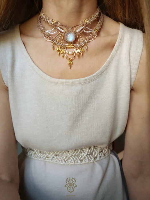 New bohemian chic macrame necklace, Moonstone party-choker necklace