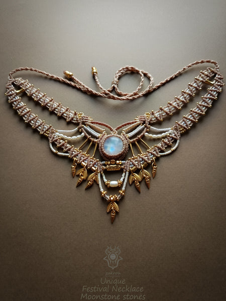 Bohemian chic macrame necklace, Moonstone party-choker necklace