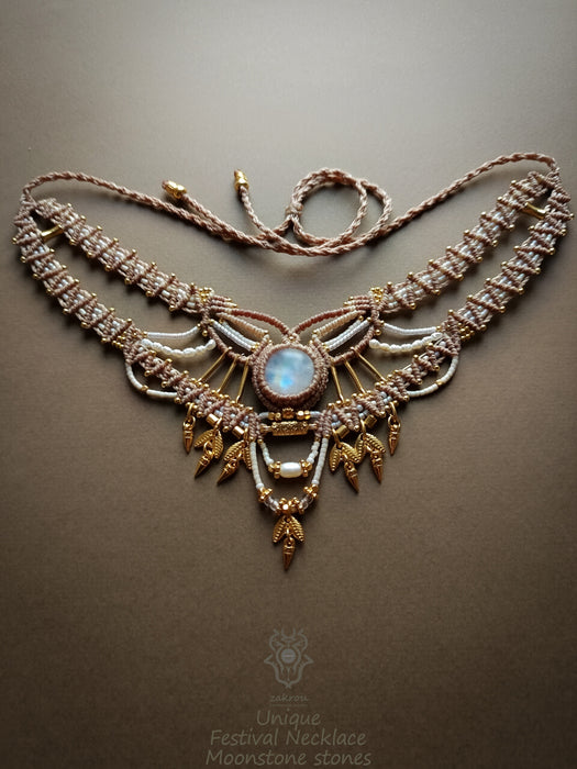 Bohemian chic macrame necklace, Moonstone party-choker necklace