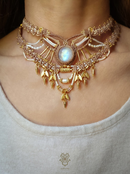 New bohemian chic macrame necklace, Moonstone party-choker necklace