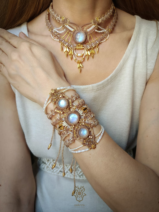 New bohemian chic macrame jewelry set with Moonstone stones, cultured pearls & charms