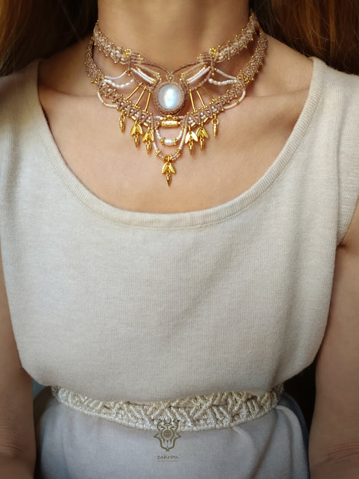 New bohemian chic macrame necklace, Moonstone party-choker necklace