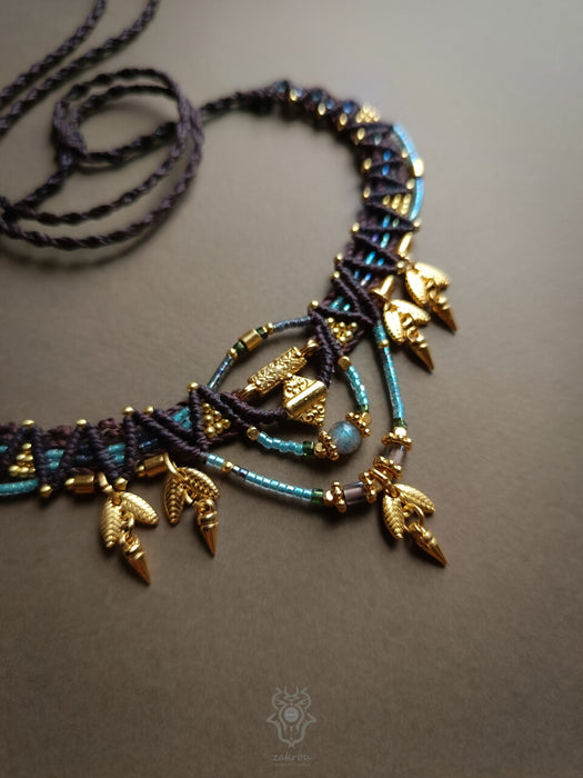 Small festival choker necklace, Tribal macrame necklace with charms