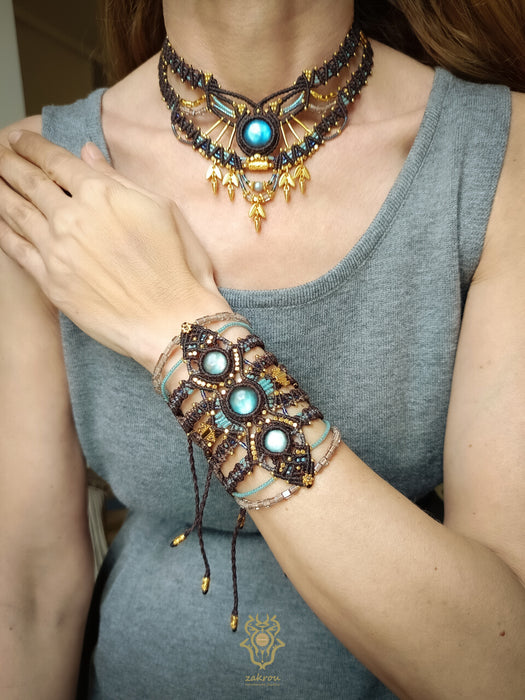 Labradorite choker macrame necklace with gold details, Micromacrame jewellery