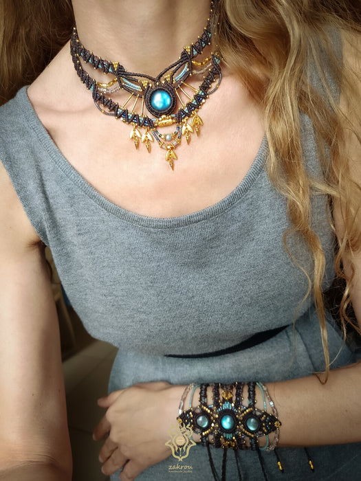 Labradorite choker macrame necklace with gold details, Micromacrame jewellery