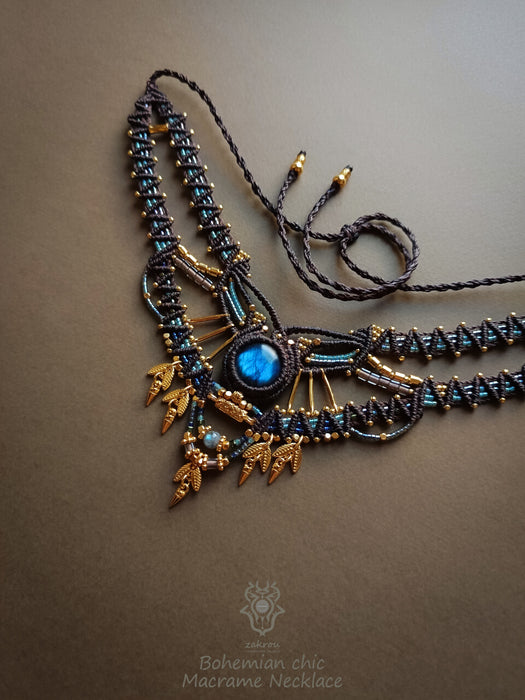 New Labradorite macrame necklace with charms, Bohemian festival choker