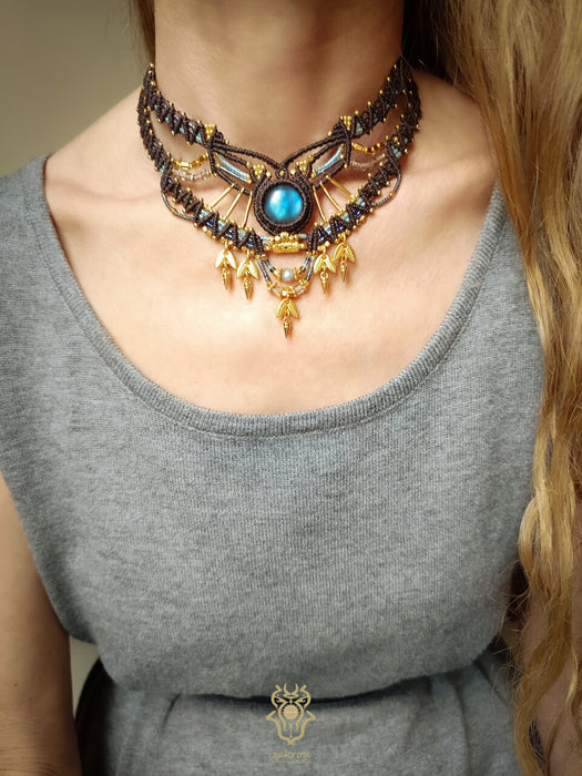 Labradorite choker macrame necklace with gold details, Micromacrame jewellery