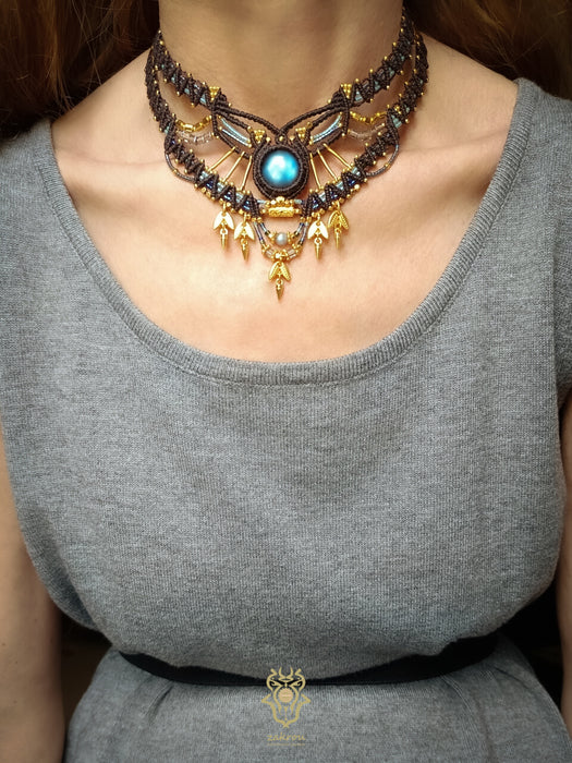 Labradorite choker macrame necklace with gold details, Micromacrame jewellery