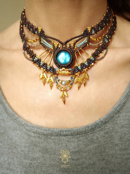 Labradorite choker macrame necklace with gold details, Micromacrame jewellery
