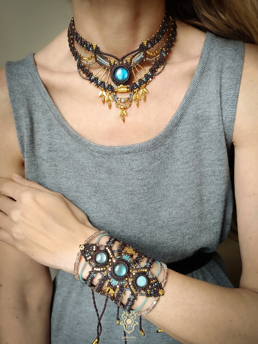 Labradorite choker macrame necklace with gold details, Micromacrame jewellery