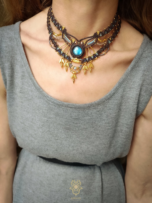 Labradorite choker macrame necklace with gold details, Micromacrame jewellery