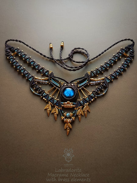 Labradorite macrame necklace with charms, Bohemian festival choker