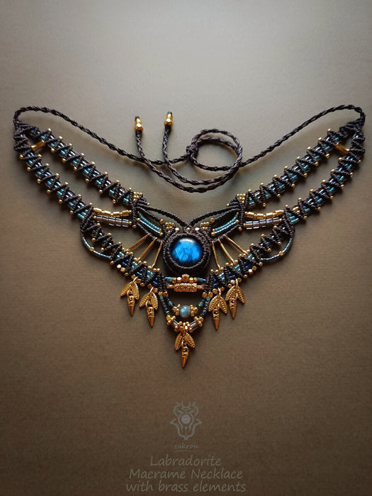 Labradorite macrame necklace with charms, Bohemian festival choker