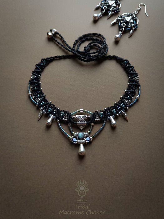 Tribal macrame choker necklace, Small necklace with drops